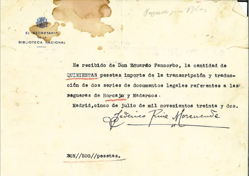 Pago realizado a la Biblioteca Nacional en 1932 por traducción